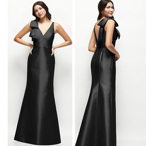 Alfred Sung Deep V Back Satin Trumpet Dress Black Size 14 NWT Bow Shoulder Fancy - Picture 1 of 9